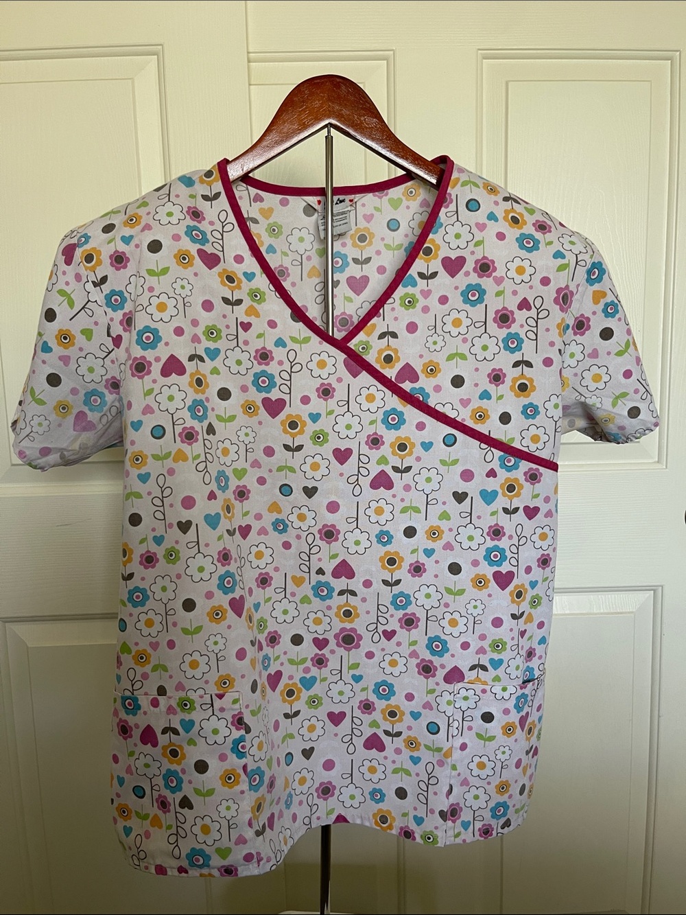 Just Love Floral Print Scrub Top in White with Pink Trim